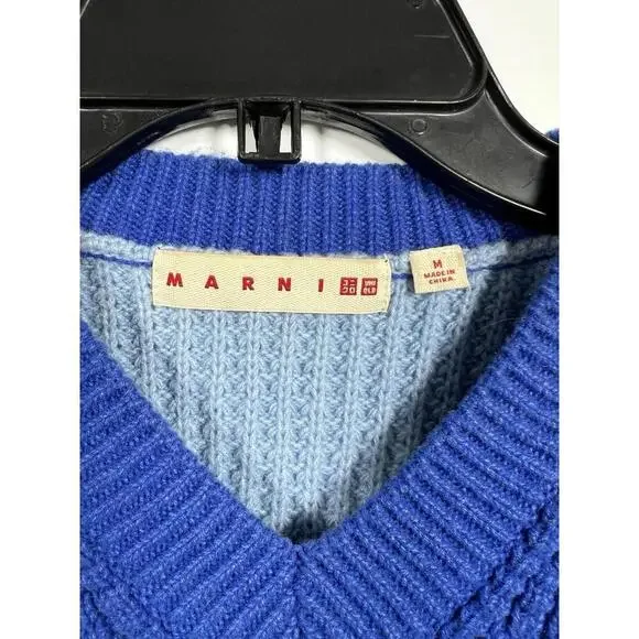 Marni x Uniqlo Popcorn Knit V-Neck Sweater Blue Women Sz Med Preppy - Picture 5 of 9
